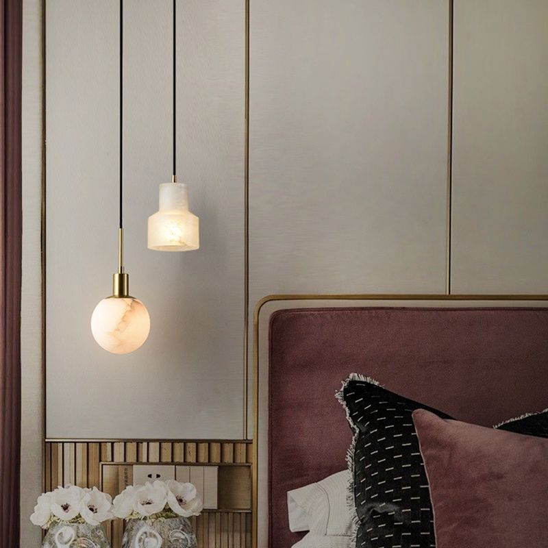 Minimalistic 1-Bulb Drop Pendant White Mini Suspension Lighting with Marble Shade