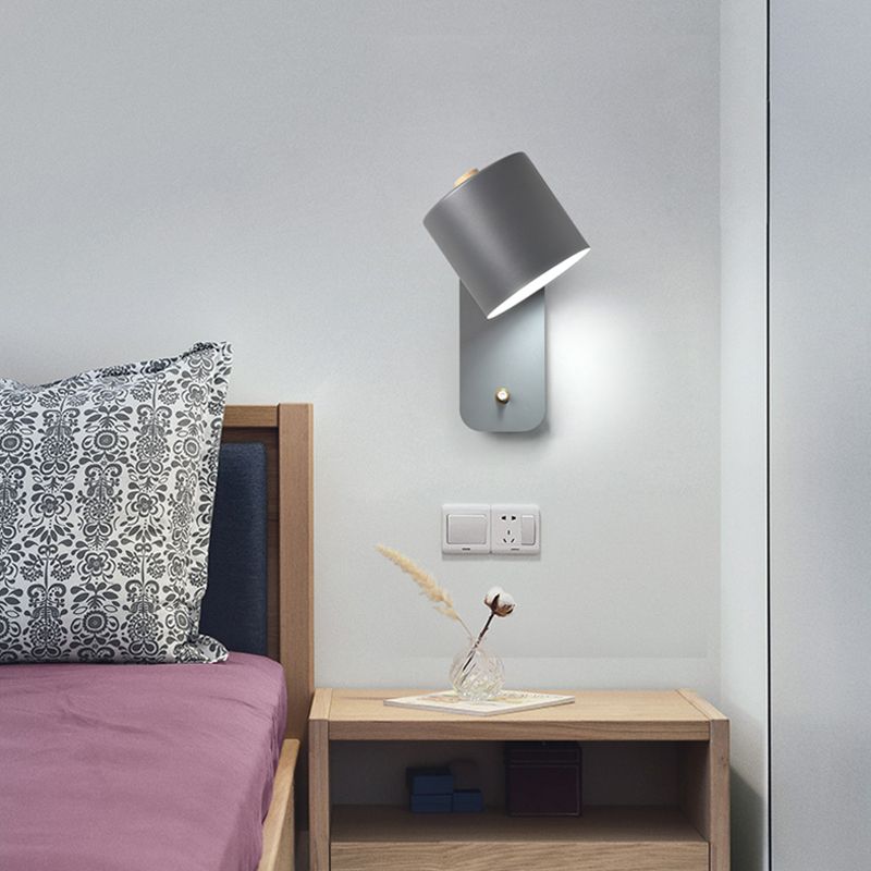 1 Bulb Tube Sconce Modernist Metal Wall Lighting Fixture in Grey/Green with Ractangle Backplate