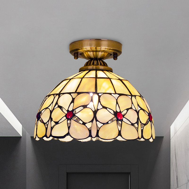 Messing Single Flushmount Lampe Tiffany Flower Gemusterte Schale Schale Bündig Deckenleuchte