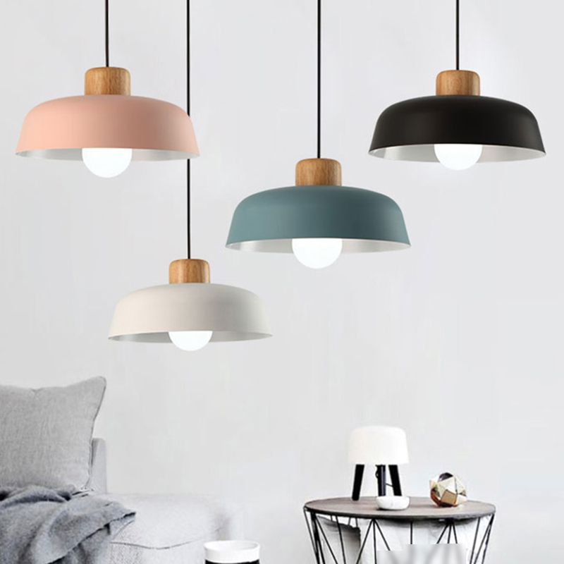 Modern Creative Single Pendant Light Wooden Dome Macaron Hanging Lamp with Iron Shade