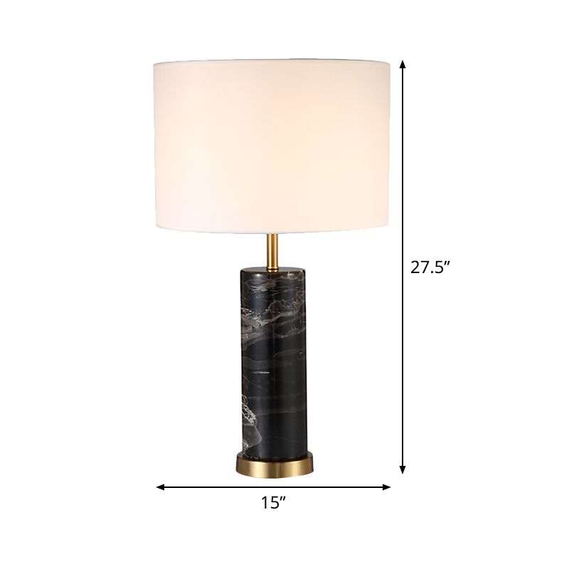 Weißes Zylinder Task Light Nordic 1 Lampen -Stoff -Nachttischlampe mit schwarzer Marmorbasis