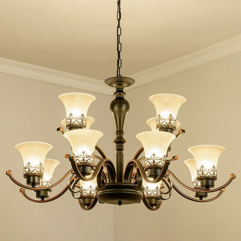 Creme Glass Flare Kronleuchter Licht Retro Wohnzimmer Anhänger Leuchte in Schwarz