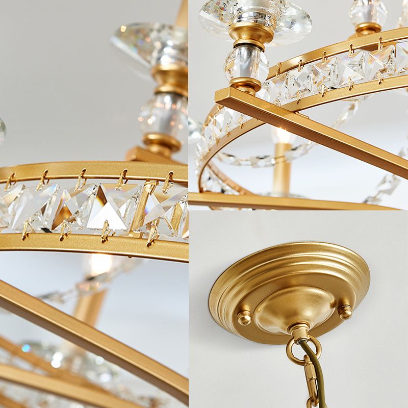 9 Lights Candle Chandelier Lighting Rustic Gold Metal Pendant Lamp for Dining Room with Crystal Beaded Strands