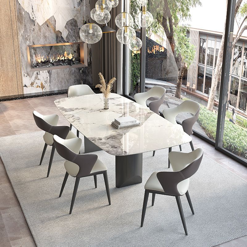 Juego de comedor de piedra sinterizada minimalista con muebles de cocina rectangulares y de base negra