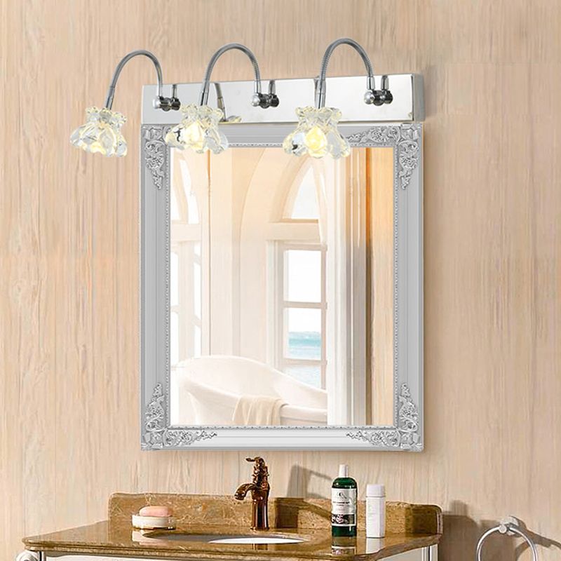 Petal Clear Glass Vanity Light Fixture Modern Stylish 3 Lights Silver Finish Wall Lighting with Gooseneck Arm
