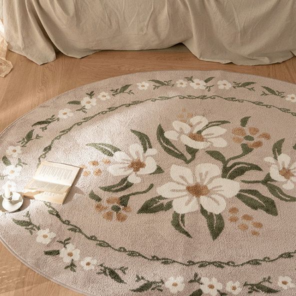 Fresh Floral Printed Rug Comfort Simple Round Carpet Polyester Non-Slip Backing Rug for Bedroom