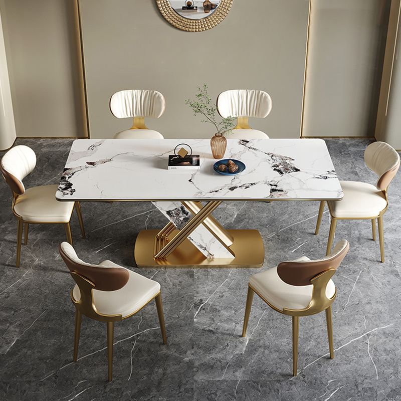 Traditional Luxury Style Dining Table Rectangle White Sintered Stone Table with Gold Frame