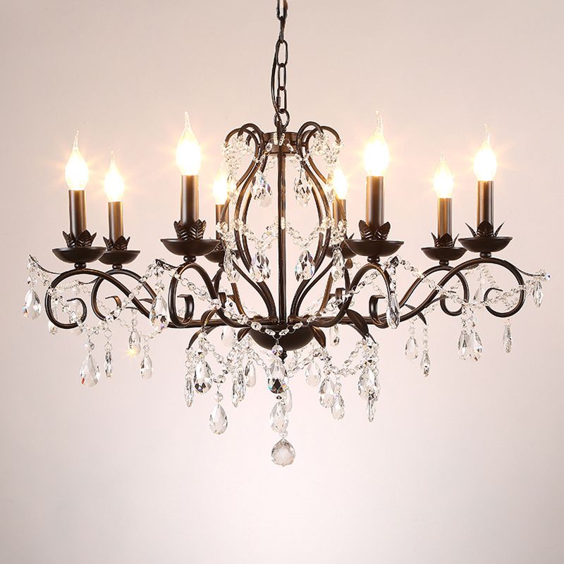 Contemporary Metal Curved Arm Hanging Chandelier Light Black Candle Bedroom Suspension Light with Crystal