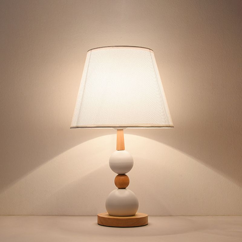 Modern Cone Desk Light Fabric 1-Head Study Room Table Lamp with Round Wooden Base in Black/White
