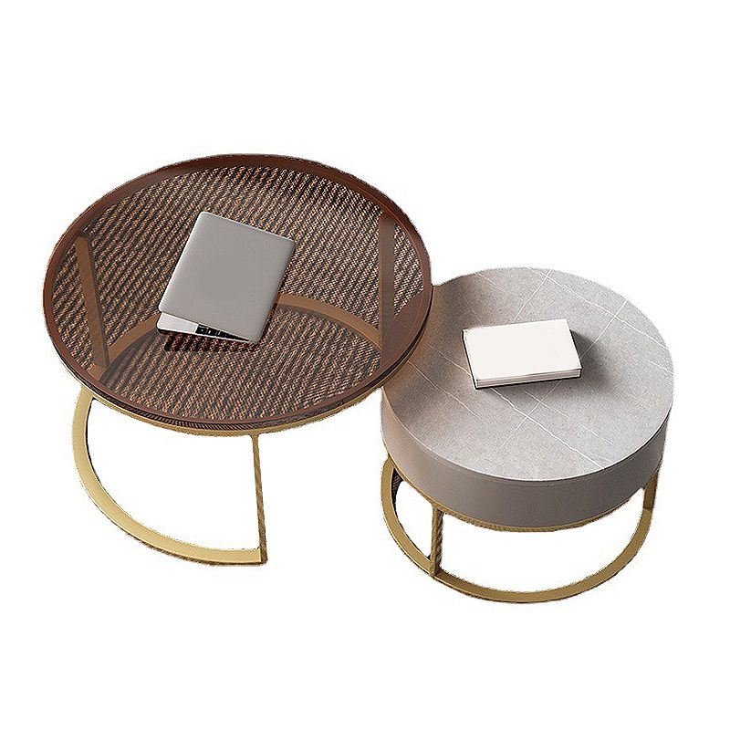 Modern Style Tempered Glass & Rock Sheet Top Gold Metal Base Round Coffee Table