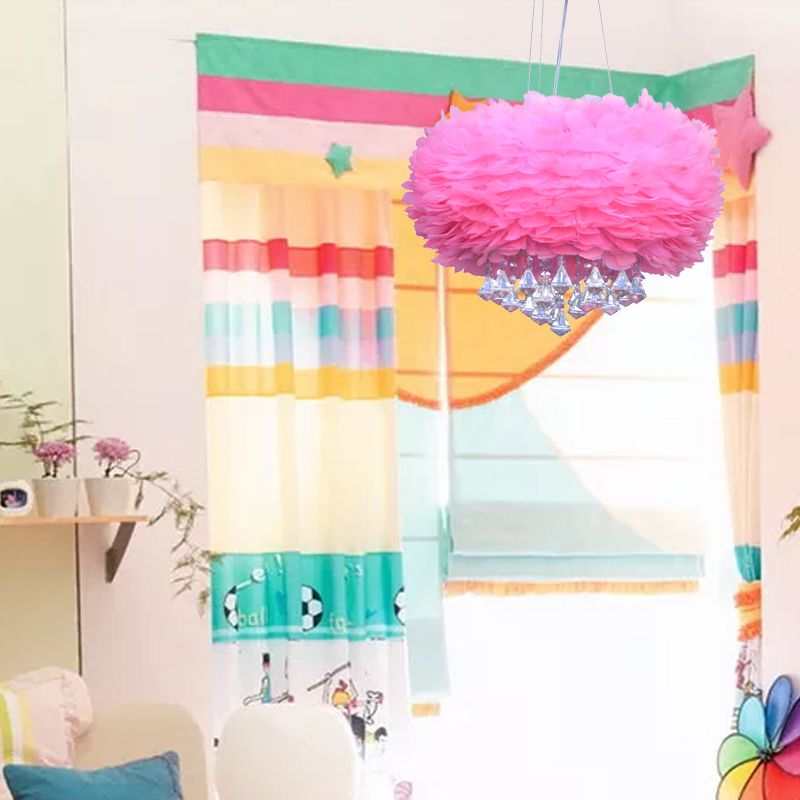 Luce a ciondolo a cupola rosa Contemporanea 3 luci lampada lampadario piuma con drappeggio cristallino