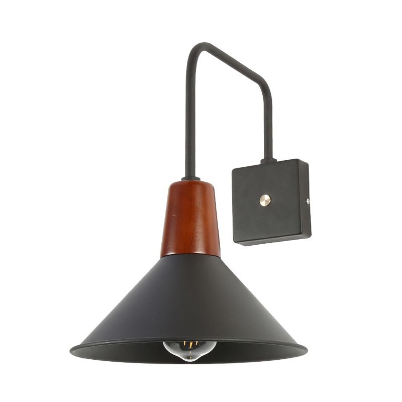 1 Light Metal Wall Mounted Light Industrial Style Black Conical Bedroom Sconce