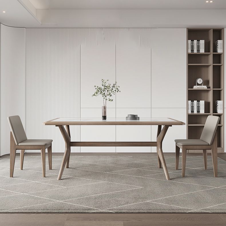 Modern Rectangular Stone Top Dining Table with Solid Wood Legs for Living Room