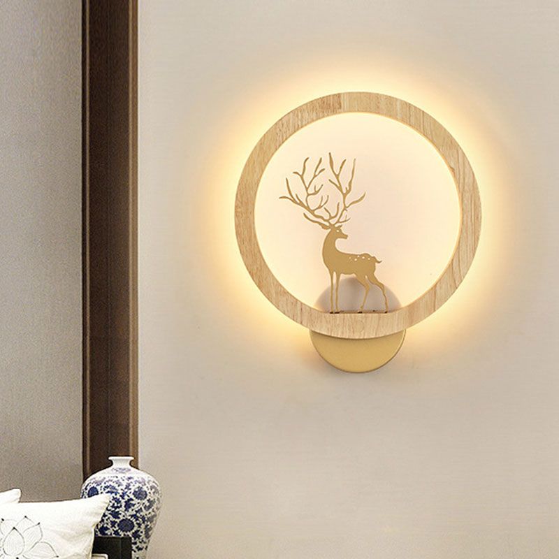 Houten halo ring muurschildering verlichting eigentijdse zwart/beige led muur sconce met sika herten silhouet