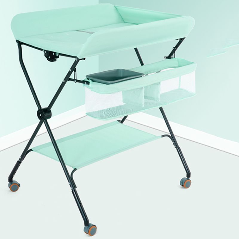 Flat Top Baby Changing Table Modern Style in Metal Frame with Storage Basket