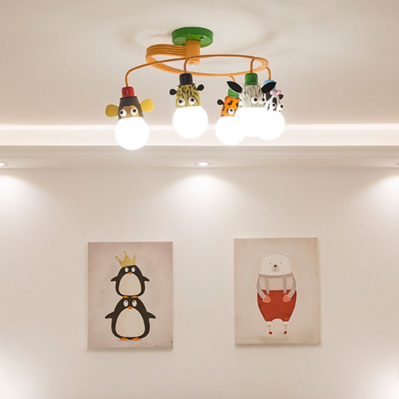 Animal Socket Metallic Semi Flush Mount Kids Orange Ceiling Mounted Light for Kindergarten