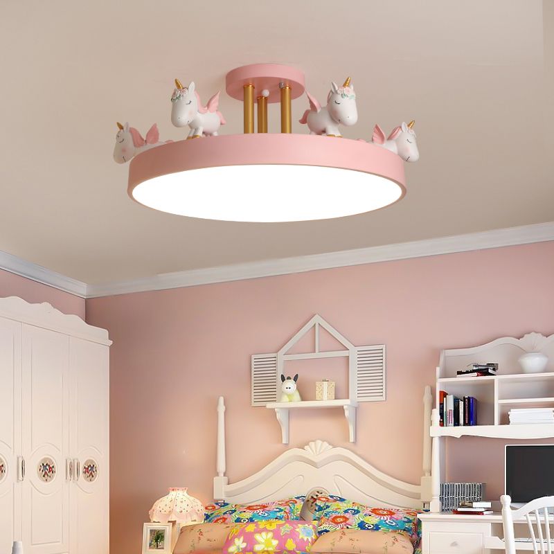 Round LED Semi Flush Mount Kids Style Acrylic Nursery Ceiling Mounted Light with Resin Unicorn