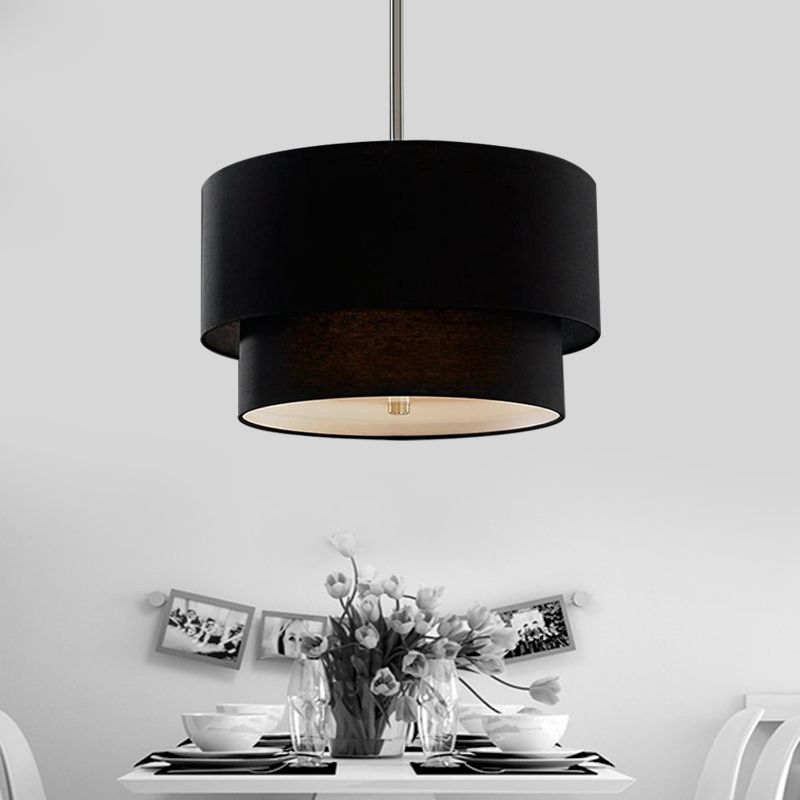 3 Lights Ceiling Light Traditional Layered Concentric Tier Fabric Chandelier in Black/White/Flaxen, 16"/19.5"/23.5" Wide
