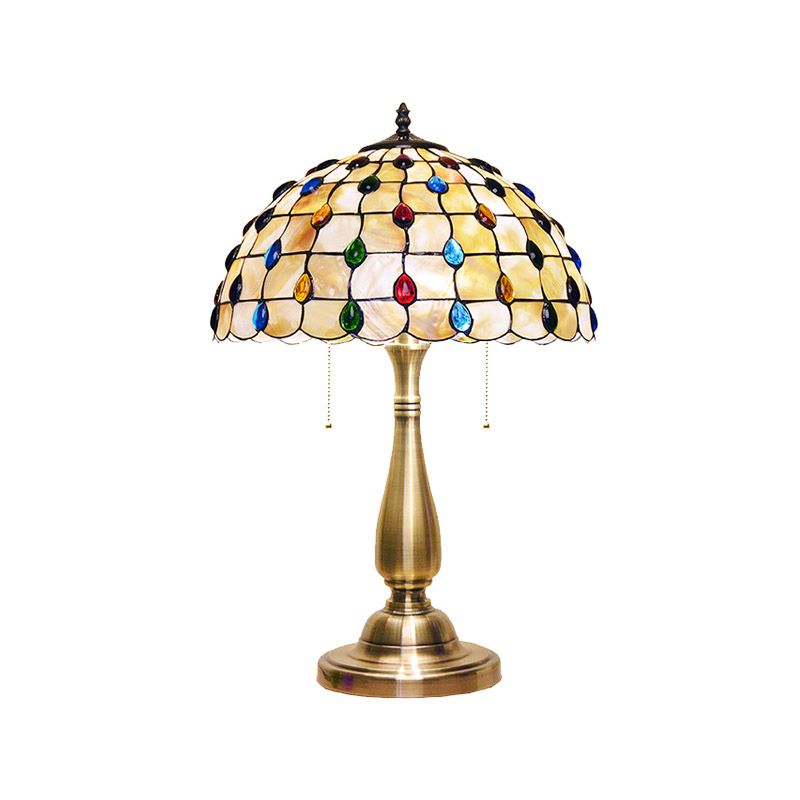 Mesa de cuadrícula embebida con joyas Capas Tiffany 2 bombillas Lámpara de noche de la cadena de extracción de oro para dormitorio