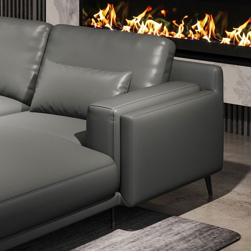 Square Arm Grey Pillowed Back Cushions Splayed Wooden Legs Sofa