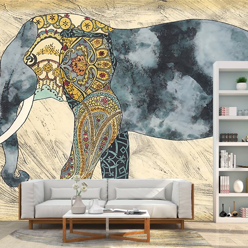 Boho-Chic Elephant Wall Mural Decal Blue-Brown Waterproof Wall Covering for Living Room