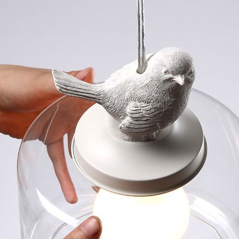 Drum Pendant Lighting Modern Clear Glass 1-Light White Hanging Light with Resin Bird Decor