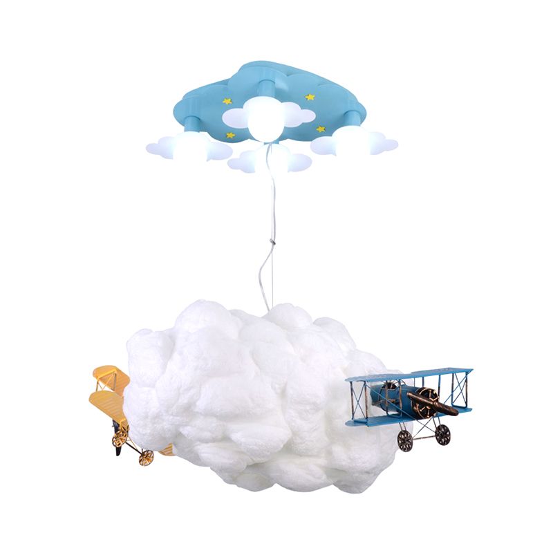 Cartoon -Wolke und Flugzeug hängen Kronleuchter Metall 7 Lampen Kinder Schlafzimmer Decke Anhänger Licht in Weiß