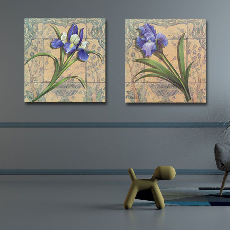 Purple Iris Painting Flower Traditional Textured Canvas Wall Art for Home, Set of 2