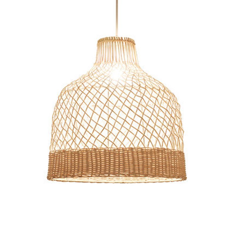 Handwoven Dome Pendant Light Fixture Chinese Rattan Fiber Single Bulb Ceiling Light for Dining Table