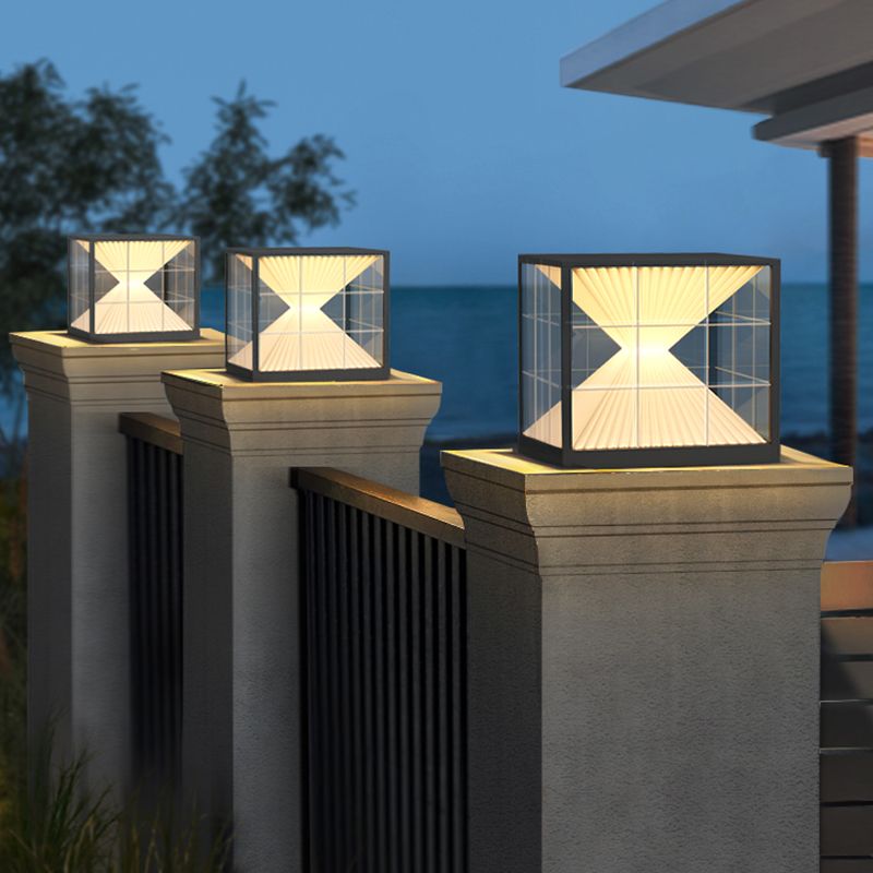 Square Shape Metal Outdoor Lamp Modern Style 1 Light Solar Pillar Light