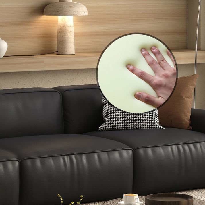 Contemporary Black Genuine Leather Square Arm Sofa with Pillows