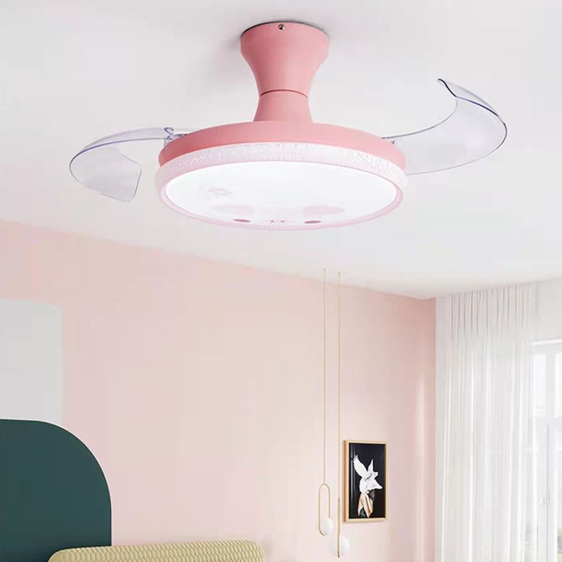 Round Study Room Ceiling Fan Light Metallic Macaron Style LED Semi Flush Mount Lighting