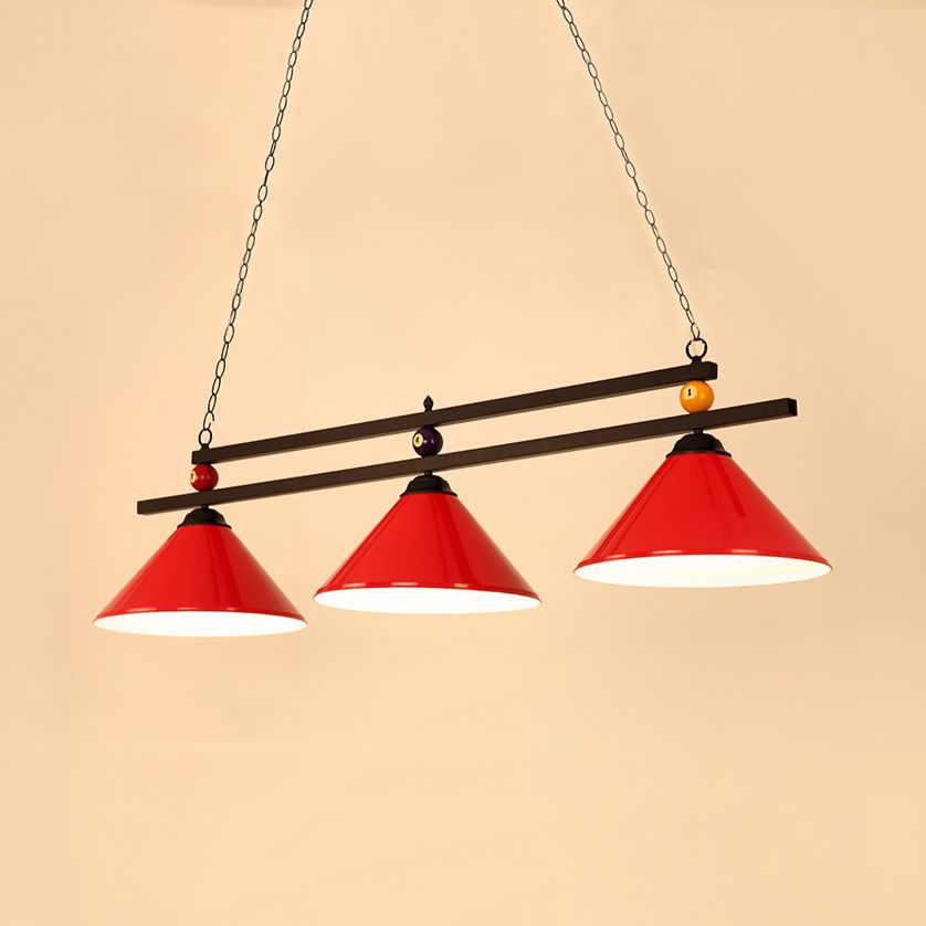Conical Metallic Billiard Light Factory 3-Head Indoor Island Lighting Fixture in Black/Red/Blue