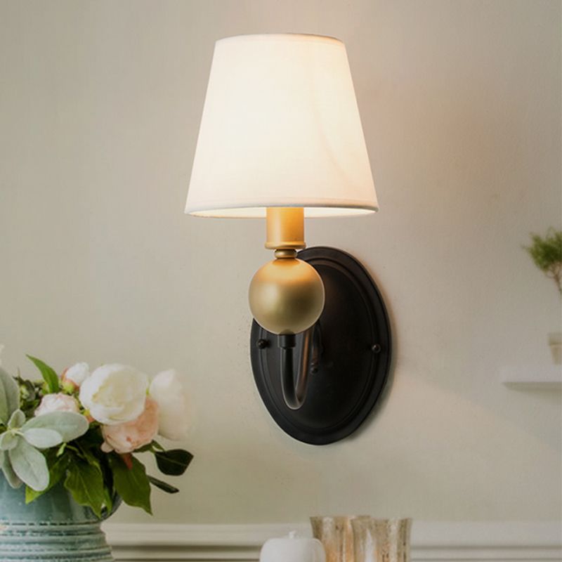 Tapered Fabric Wall Sconce Light Rural 1/2-Bulb Bedroom Wall Mount Lighting in White/Beige with Swooping Arm
