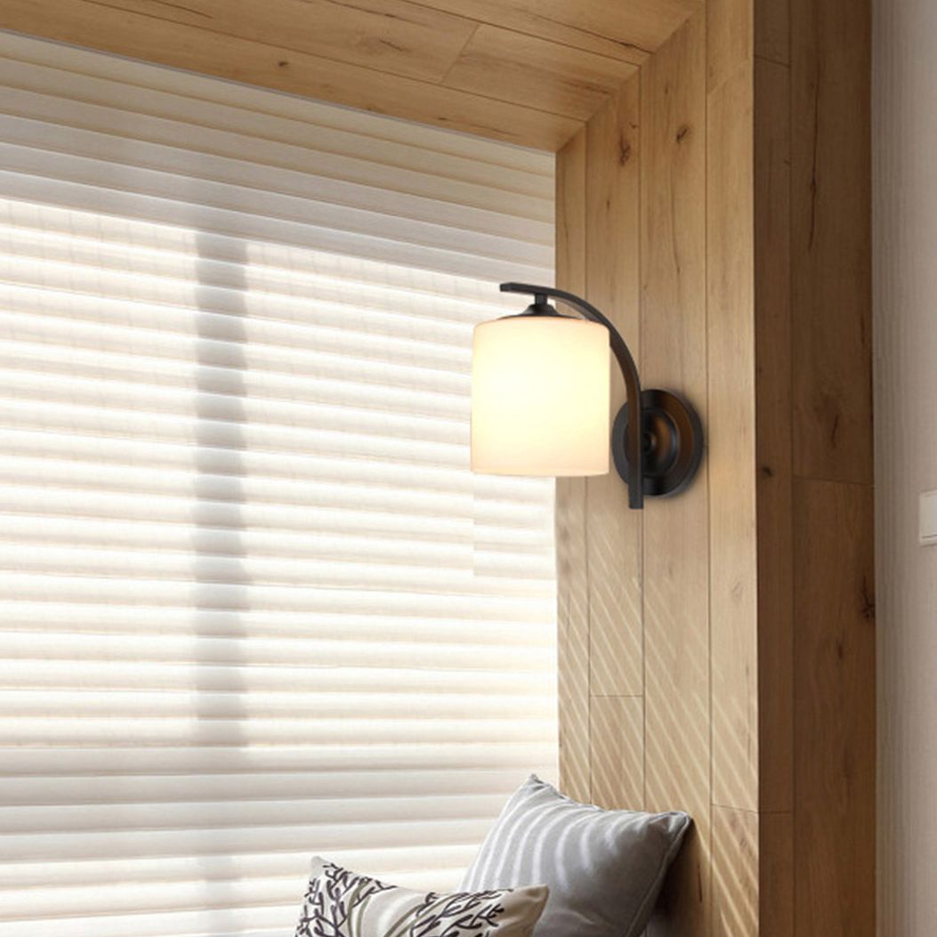 Cylinder White Glass Wall Mount Lamp 1-Light Vintage Black Wall Lighting Fixture for Bedroom
