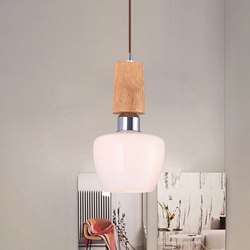 Chrome Tulip Pendant Vintage 1-Light Frosted White Glass Hanging Lighting with Wood Top