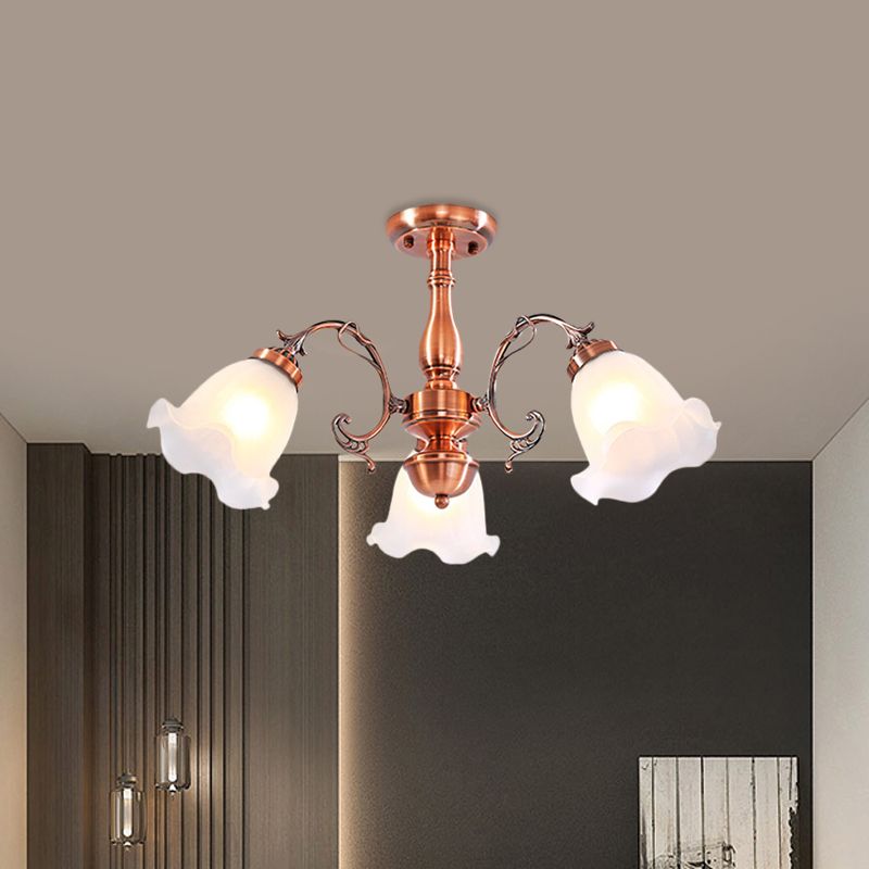 Copper 3/5/8 Lights Semi Flush Mount Lighting Country Cream Glass Flower Shape Flushmount Lamp