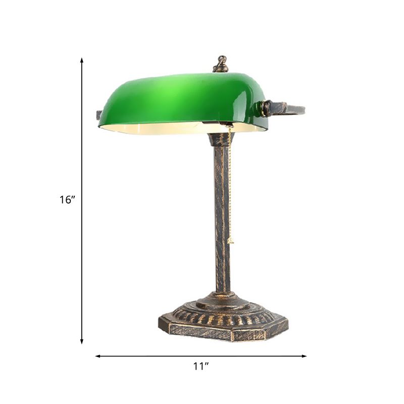 Bronze Rectangle Nightstand Light Traditional Green Glass 1 Bulb Bedroom Reading Book Lamp with Pull Chain