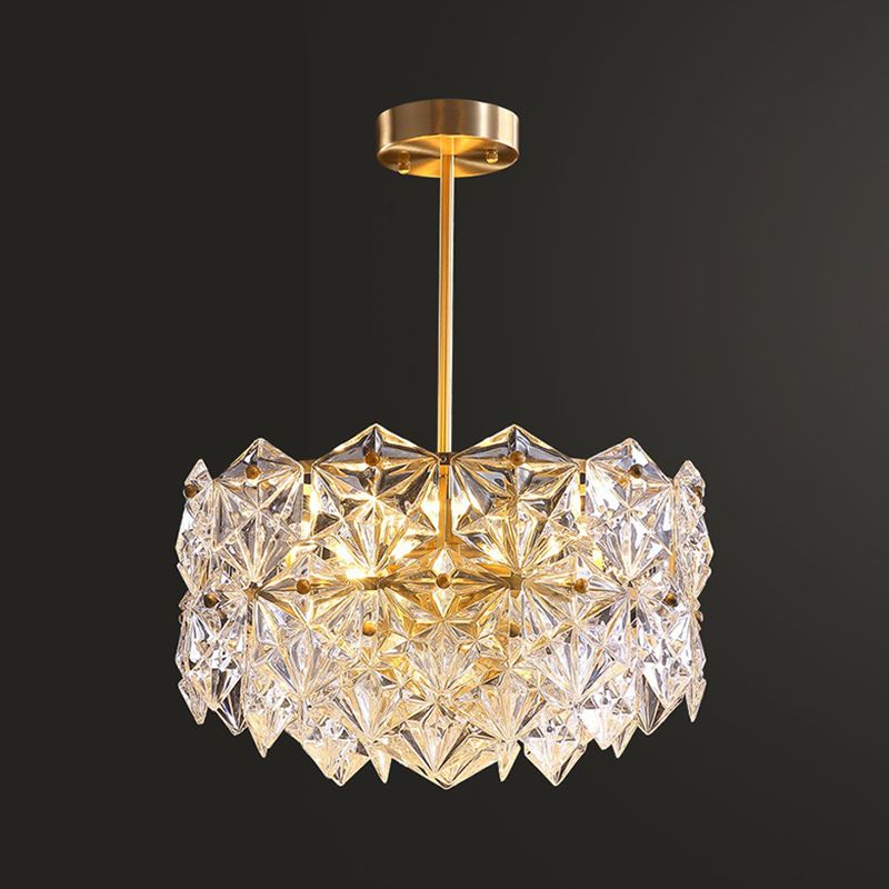 Hexagonal Dining Room Hanging Lamp Carved Crystal Modernist Chandelier Light Fixture in Gold