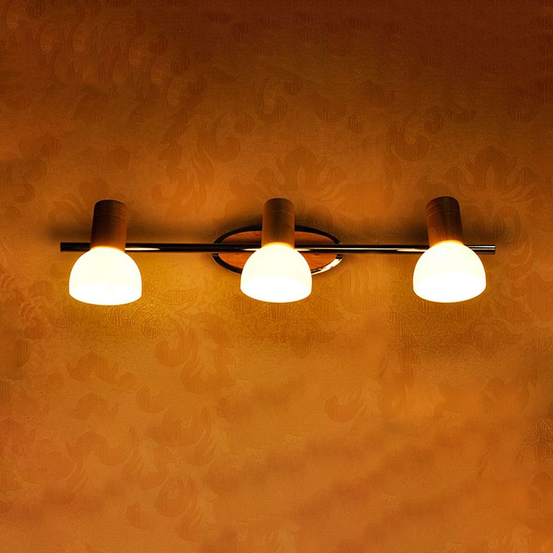 Weiße Glas Kuppel Eitelkeit Leuchten Modernismus 3 Lampen -Chrom -Wandlampenlampe mit Holzoberteil