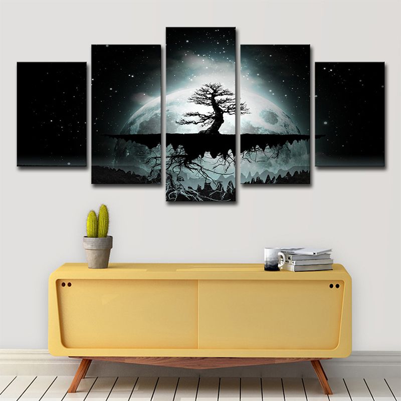 Tree of Life Wall Art Indoor Full Moon Starry Sky Scene Canvas in Green for Decor