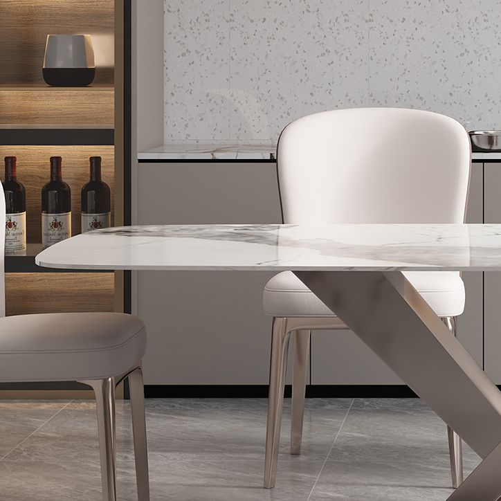 Minimalist Style Sintered Stone Dining Table with White Fixed Table and Trestle Base for Home Use