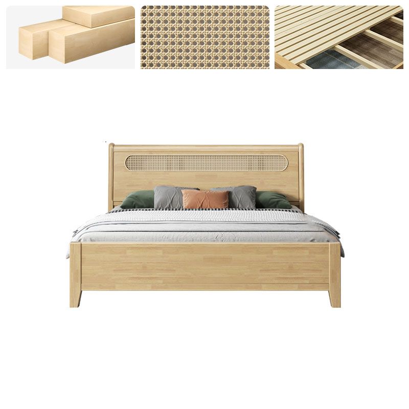 Rectangular Natural Standard Bed Solid Wood and Rattan Panel Bed Rubberwood
