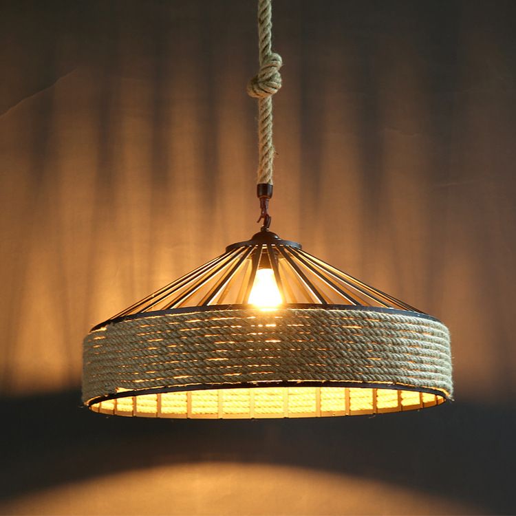 Vintage Black Mongolian Yurt Ceiling Light Hemp Rope1 Light Restaurant Hanging Pendant Lighting