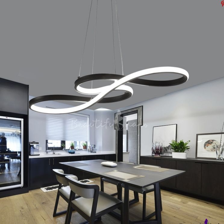White Light LED Post Modern Restaurant Chandelier Black Acrylic Curved LED Pendant Lighting