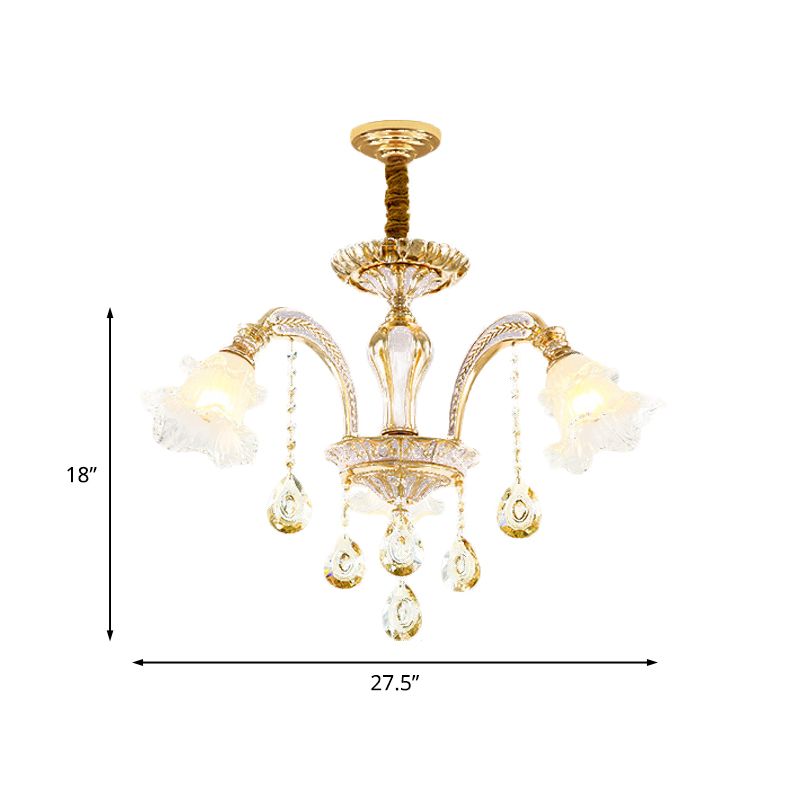 Lampadario oro a 3/6 luci a 6 luci a soffitto tradizionale Sospensione Crystal State Accensione con tonalità in vetro glassata floreale