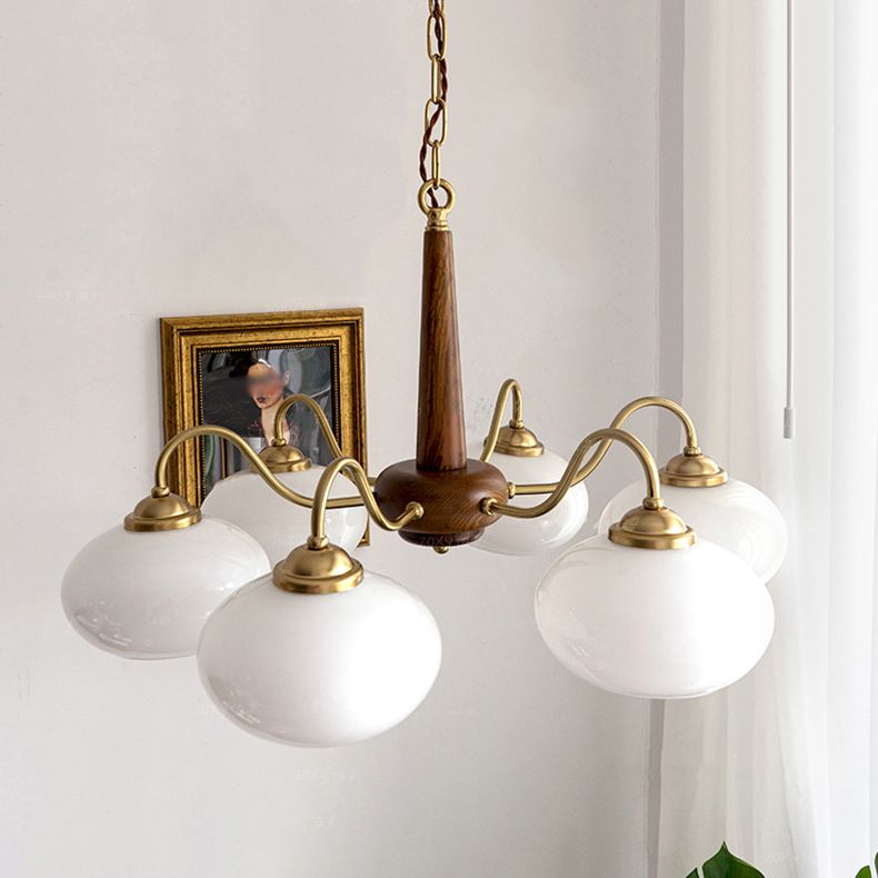 Wooden Chandelier Gold Globe Hanging Light with White Glass for Living Room