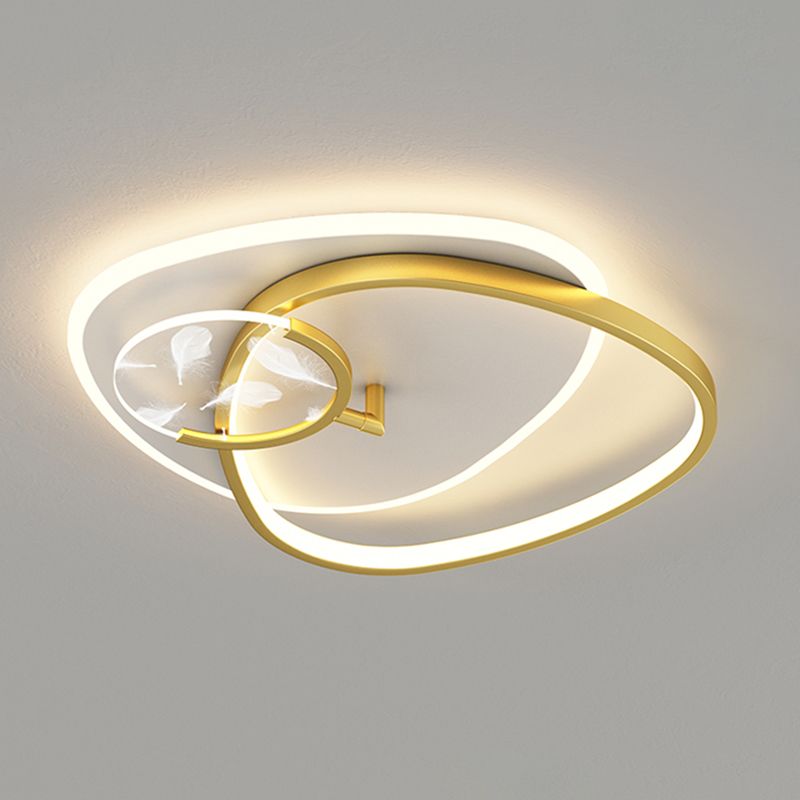 Modern Romantic Feather LED Ceiling Fixture Wrought Iron Geometric Semi Flush Mount for Living Room