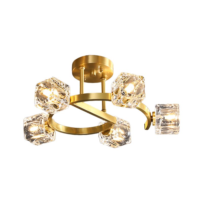 Cubic Clear Crystal Shade Deckenleuchte Contemporary 5/7 Heads Bedkammer Semi Flush Light in Gold