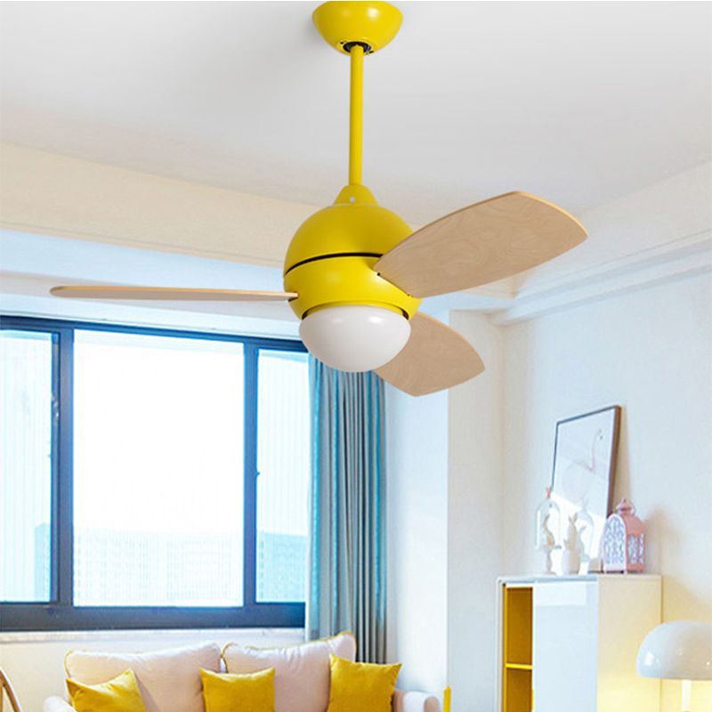 Ciotola modernista a ventola in metallo Light LED Monte semi-flush in rosa/giallo/verde con 3 lame in legno per soggiorno, larghezza 34 "